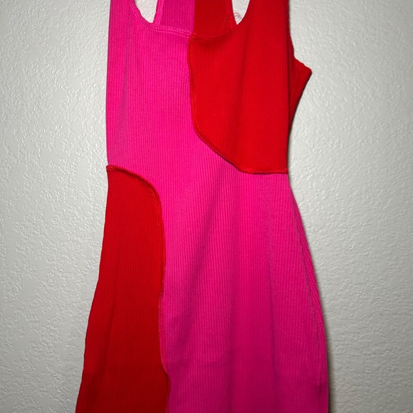 NWOT Naked Wardrobe Womens Pink Red Colorblock Ribbed Midi Dress L going out